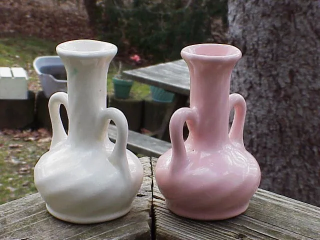 Two Camark SWIRL 783 U.S.A. Miniature Dual Handled Vases SEMI-GLOSS PINK & WHITE