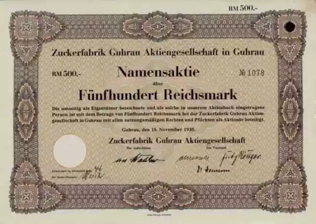 Zuckerfabrik Guhrau Gora AG 1935 Schlesien Nordingen Borszyn Maly 500 RM Köln