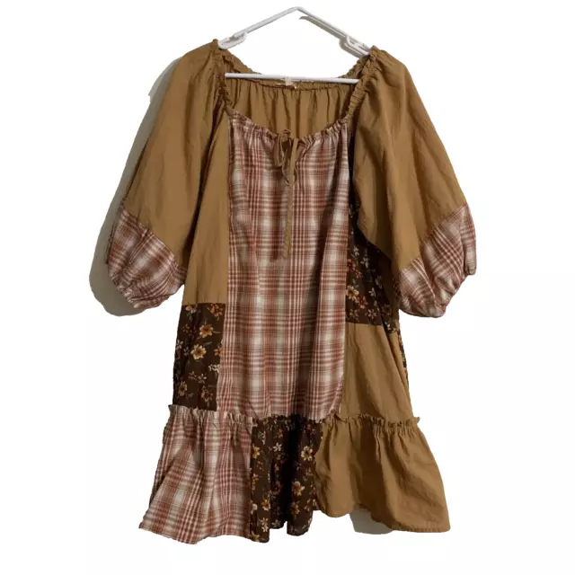 Easel Dress Brown Western Patchwork Plaid Plus 3/4 Sleeve Flare Square Dance 1X