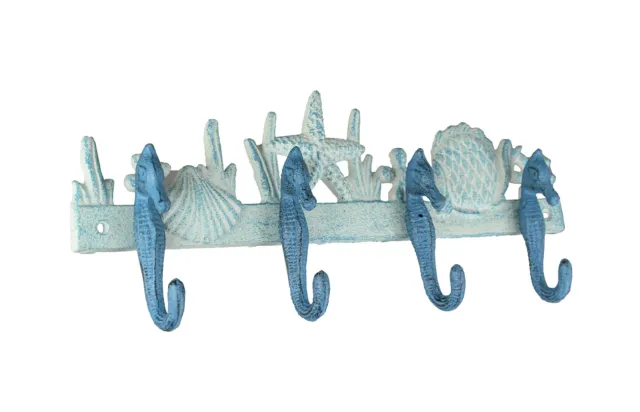 Scratch & Dent Blue And White Cast Iron Seahorses Decorative Wall Hook
