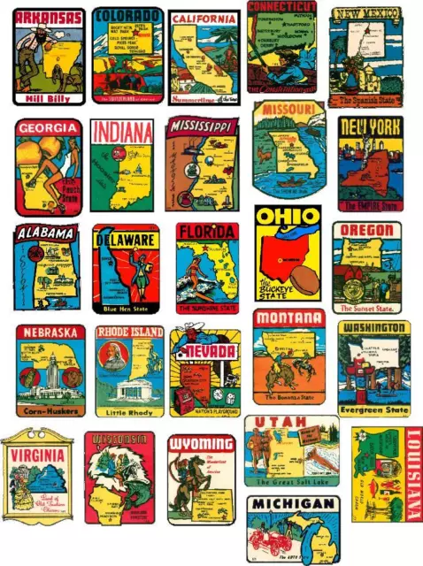 50 State Vintage Style Travel Decals / Vinyl Stickers, Luggage Labels (2 Inch@) 2