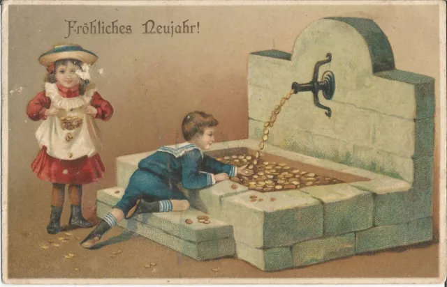 Neujahr, Kinder am Geld-Brunnen, Gold-Münzen, geprägte Litho-Ak von 1914