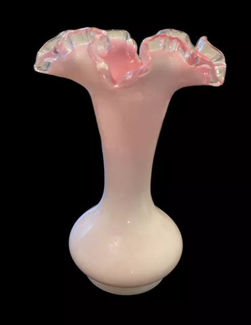 Vtg. FENTON 1970's Milk Glass Overlay Rose Pink Crest Glass Vase Ruffled Rim