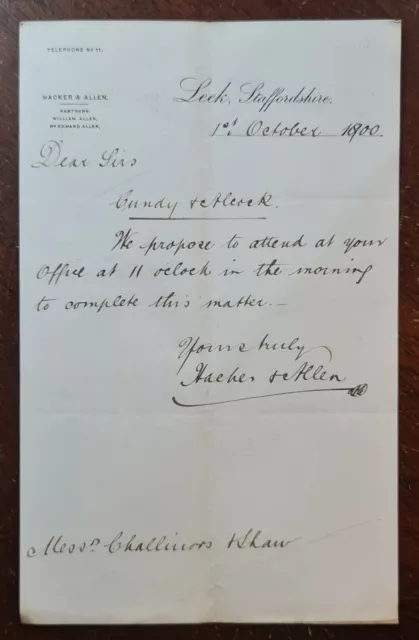 1900 Hacker & Allen, Solicitors, Leek, Staffordshire Letter