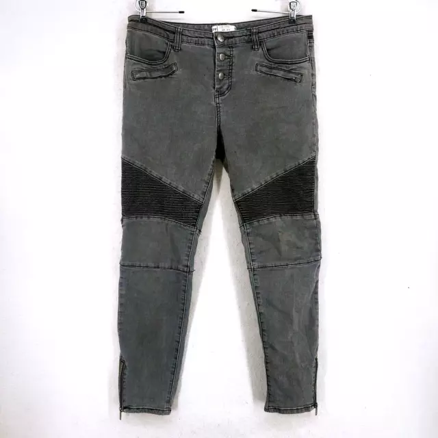 Free People Moto Skinny Jeans Gray Womens 31 Black Ankle Zip Jegging Button Fly