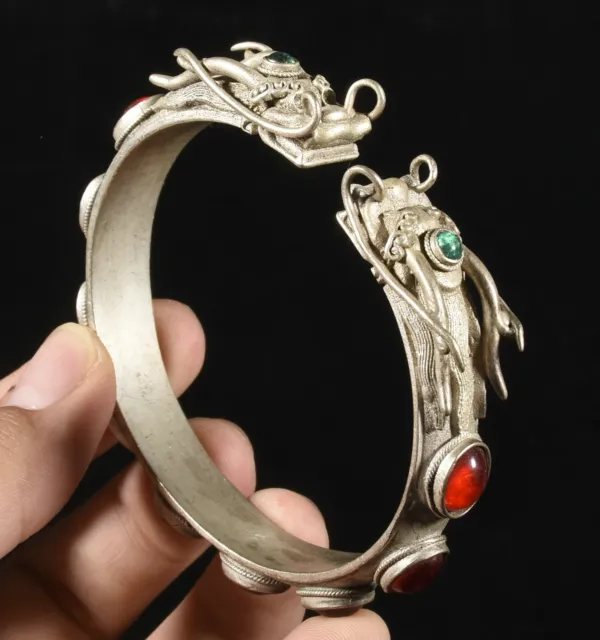 Alte China Dynastie Silber Inlay Edelsteine Feng Shui Drachen Schmuck Armband