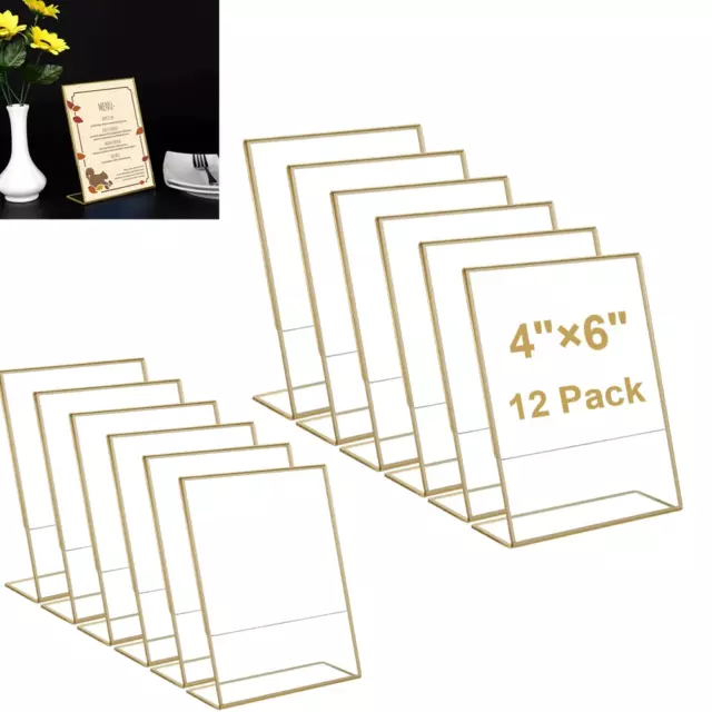 12 Pcs 4x6 Acrylic Sign Holder Gold Frames Stand Display Clear Slant Back US