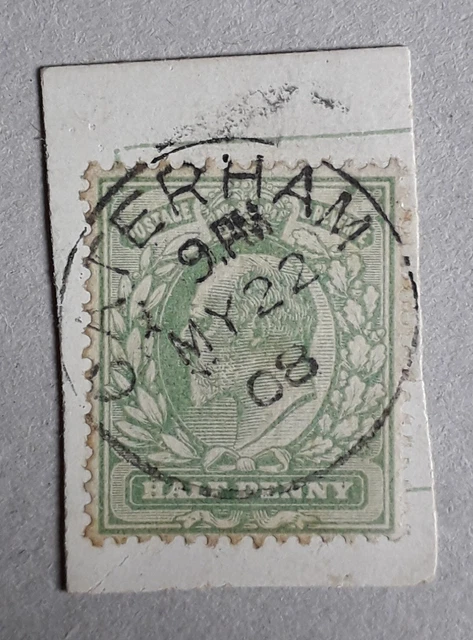 GB KEV11 1908 SG217? 1/2d pale yellowish-green dated Caterham cancel on piece