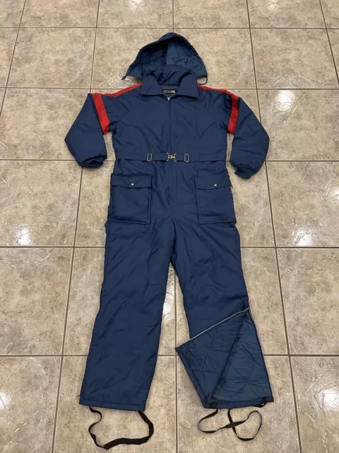 Vtg 80s Mens Medium SEARS Snowmobile Snow Suit Belted Ski Blue Coveralls Hooded