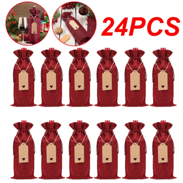 24PCS Rustic Wine Bags Pouch Wine Bottle Covers Drawstring Jute Burlap Gift Bags
