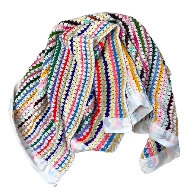 Vintage Handmade Rainbow Stripe Crochet Afghan Throw Baby Blanket