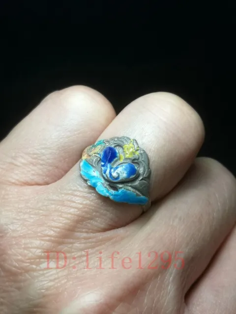 Collection China Old Handmade Pure Silver Ring Bake Cloisonne Butterfly Flower