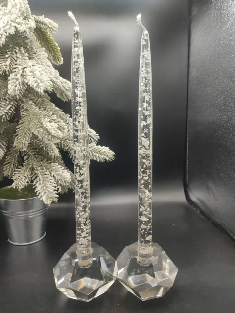 Lucite Candles Clear w/ Silver Flake 1 Pair 12" Vintage Mid Century Modern Decor