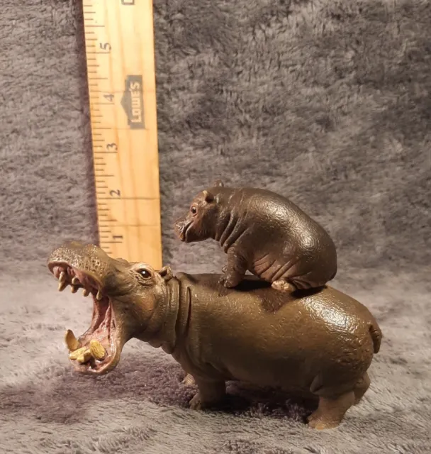 Schleich Hippo Adult & Baby Calf Mouth Open 2012 Great Condition & Detail NICE