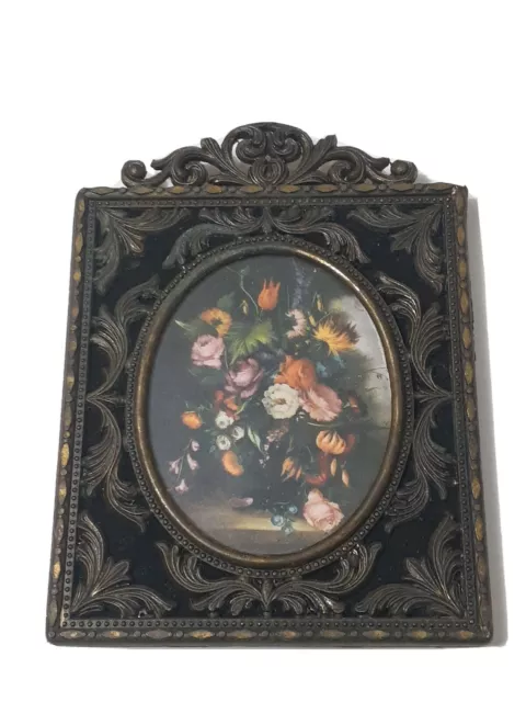 VINTAGE / ANTIQUE Square Ornate BRASS PICTURE FRAME ITALY Floral Arrangement