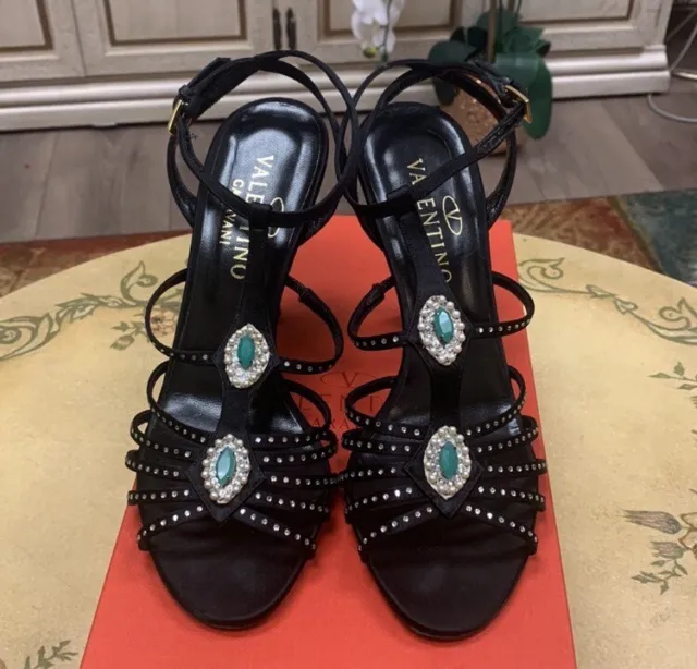 Valentino Black Satin Crystal Embellishments Gladiator Sandals Size 38/US 8