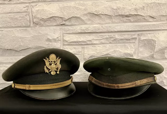 TWO - WWII US Military Officer's Peaked Olive Visor Caps ONE  with Insignia