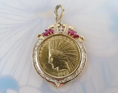 1915 US Ten Dollar Indian Head Simulated Diamond  Pendant 14k Yellow Gold FN