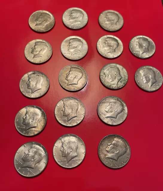 Lot of 17 40% Silver KENNEDY HALF DOLLAR COINS 1968 Ungraded. Nice Luster.