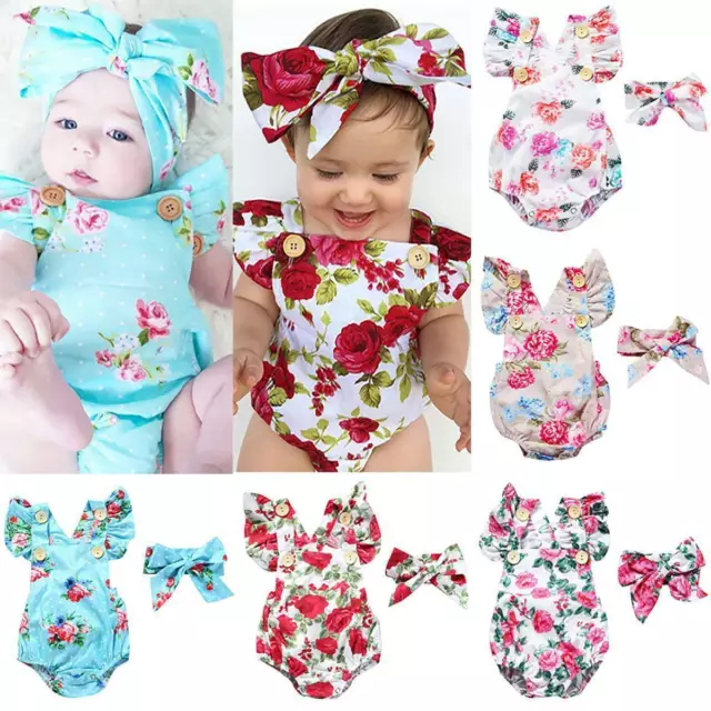 Newborn Kid Baby Girls Ruffle Floral Romper Jumpsuit Outfit Clothes Headband Set