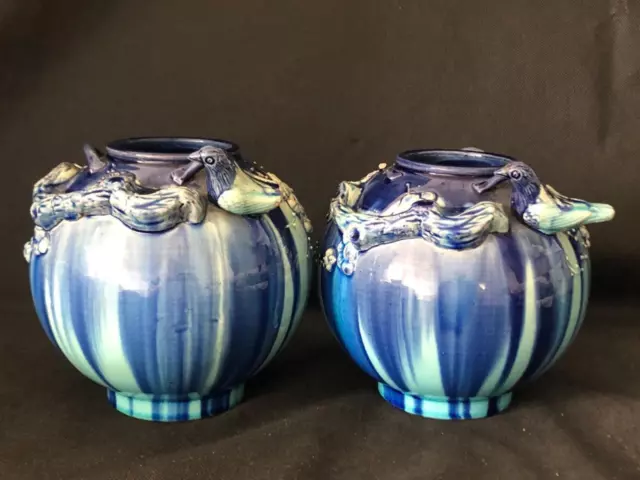 Fine Pair Of Antique Japanese Awaji Pottery Bird And Flower Vases.