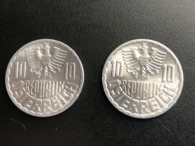 Two 1973 Austria 10 Groschen Imperial Eagle Austrian Shield Coins