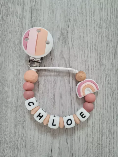 Personalised Silicone Baby Girl Rainbow Dummy Clip Holder Pacifier Chain Soother