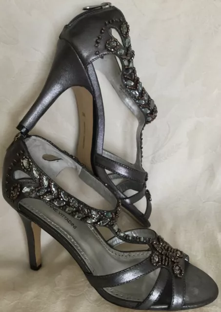 Adrienne Vittadini Pewter Leather Zip Back Heels Sandal 9M Beads Rhinestones