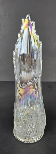 LE Smith Clear Iridescent Swung Vase Diamond Cut Pinched Base Carnival Glass 14"