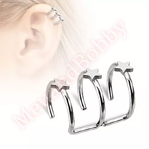 Non Piercing Clip On Triple Closure Star Cartilage Ear CHOOSE SINGLE OR PAIR