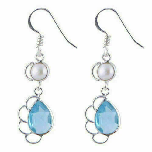 Boucles D'oreilles Pendantes En Argent 925 Et Topazes Bleues - Fermoir Dormeuse - Marque S&G