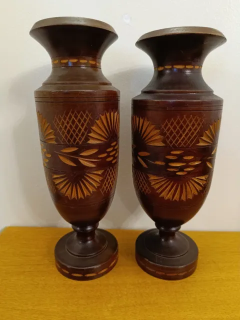 Pair of Vintage Hand Carved 10" Tall Wooden Candlestick Candle Holders