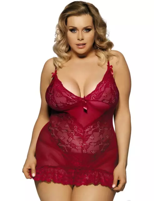 Sexy Plus Size 8-26 Red Lace Mesh Babydoll Lingerie Chemise Nightie Dress