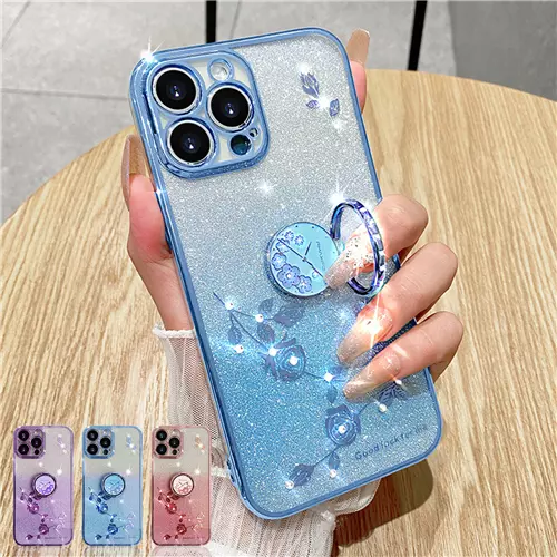 For iPhone 11 12 13 14 15 Pro Max XS XR Women Bling Floral Ring Stand Case Cover