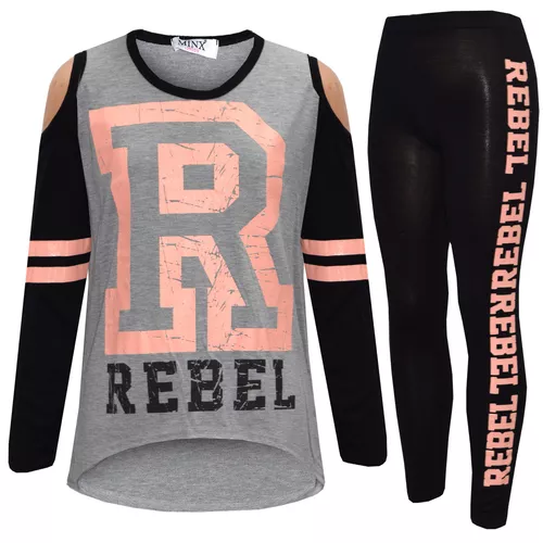 New Girls Kids Rebel Outfit Top & Leggings Black Grey Age 5 6 7 8 9 10 11 12 13
