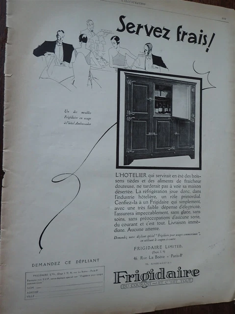 FRIGIDAIRE + GEVELOT + voiture ROLAND PILAIN  publicité papier ILLUSTRATION 1927