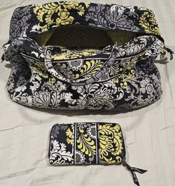 Vera Bradley Small Travel Duffel Bag Baroque Black Yellow Floral Quilt & Wallet