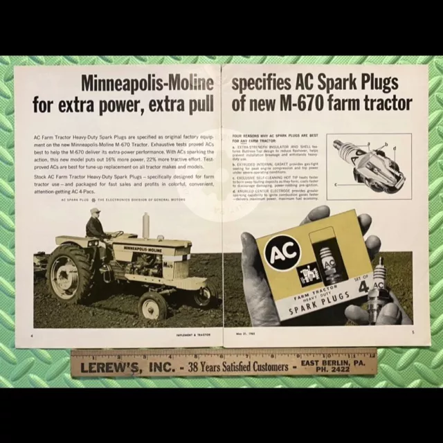 Original 1965 MINNEAPOLIS-MOLINE Tractors - AC Spark Plugs 2-Page Print Ad. M670