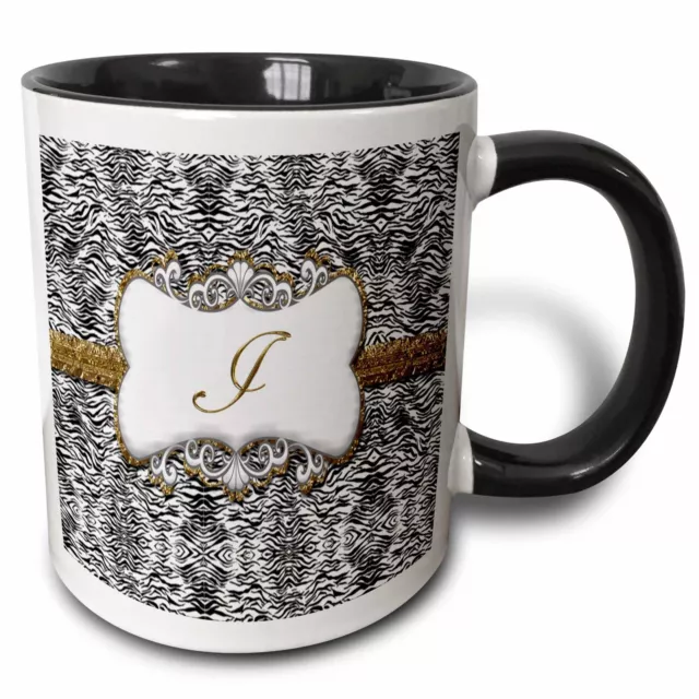 3dRose Elegant Back and White Animal Print with Gold Frame Monogram Letter J Mug