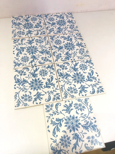 7 X Vintage Architectural Salvage 15Cm Square Tile Floral Blue & White Ah30 3
