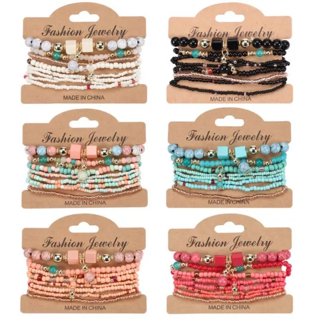 8PCS Women Natural Stone Multilayer Crystal Beads Bracelet Bangle Boho Jewelry