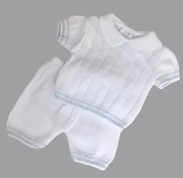 Baby Boys White & Blue Spanish Style Knitted Cotton Top & Shorts Outfit 0-3-6M