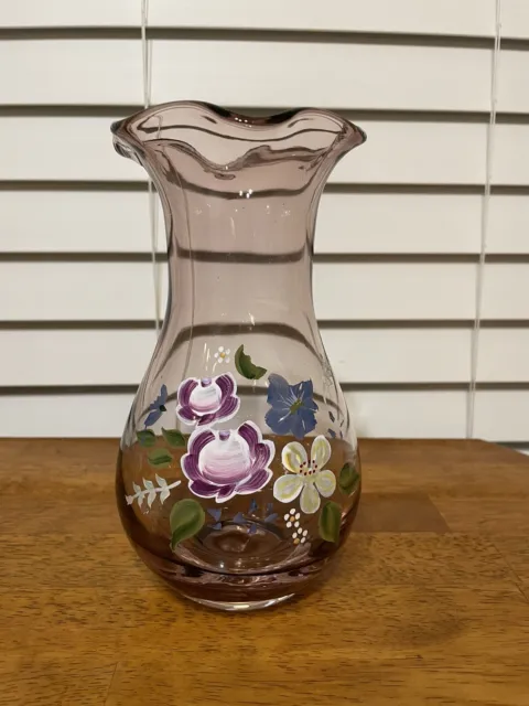 Teleflora by Fenton Hand Painted Floral 8" Tall Heavy Amethyst Glass Vase