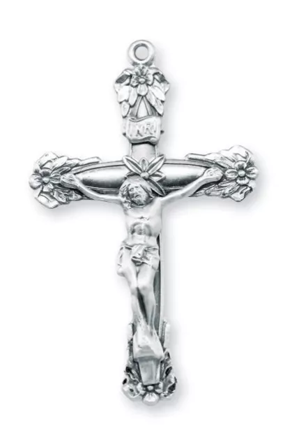 Needzo LTG 1 3/4" Sterling Silver Flower Accent Cross Crucifix Rosary Pendant