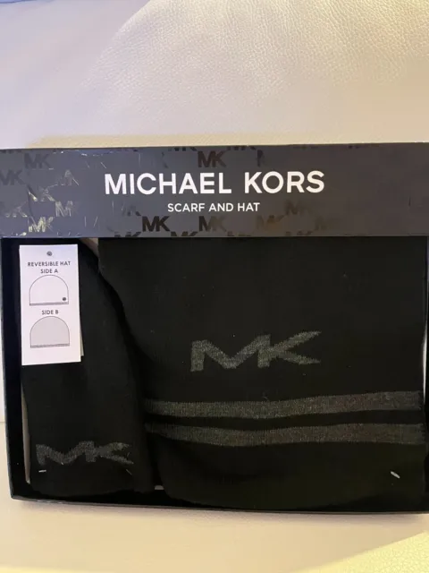 Nwt & Boxed Mens Michael Kors Scarf Reversible Hat Set Beanie Logo Black Grey