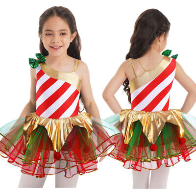 US Kids Girls Christmas Party Santa Elf Costume Skating Ballet Tutu Dance Dress