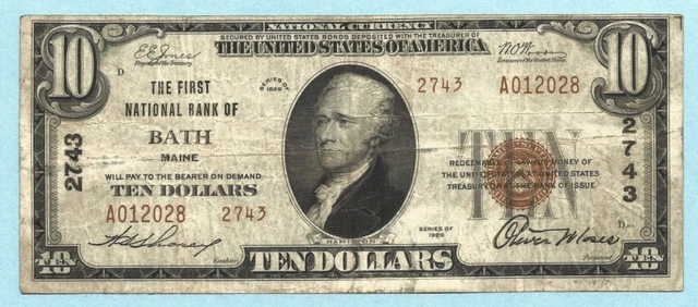 $10 National Currency 1929 - Type 2 - Ch#2743 - 1st NB, Bath, ME - VF+