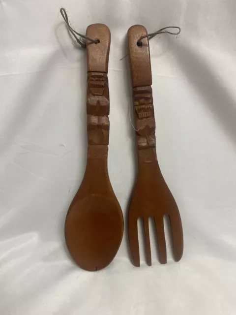 Vintage Large Carved Wooden Fork & Spoon Wall Decor 12.5 Inch Wood Tiki Totem