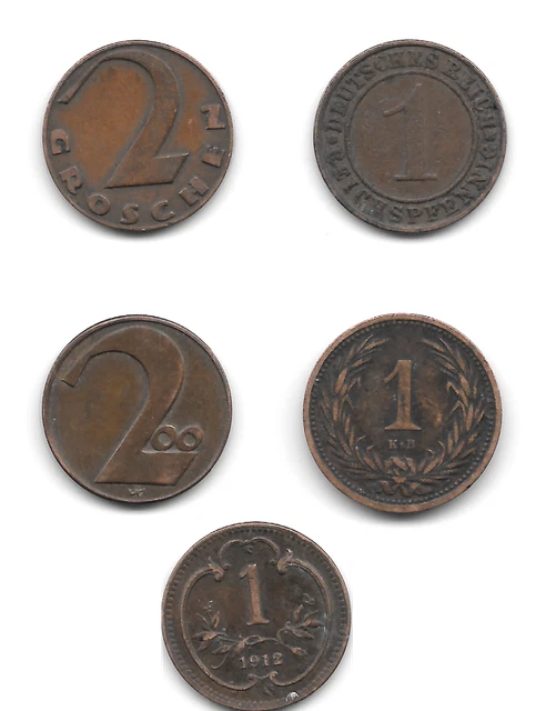 Pre World War II Austria-Hungary & German 5 (five) Coin Lot 1902-1935 2