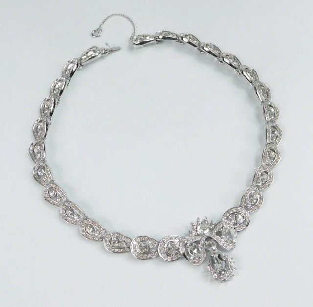 Vintage Runway Monet Silver Tone Rhinestone Crystal Statement Necklace STUNNING